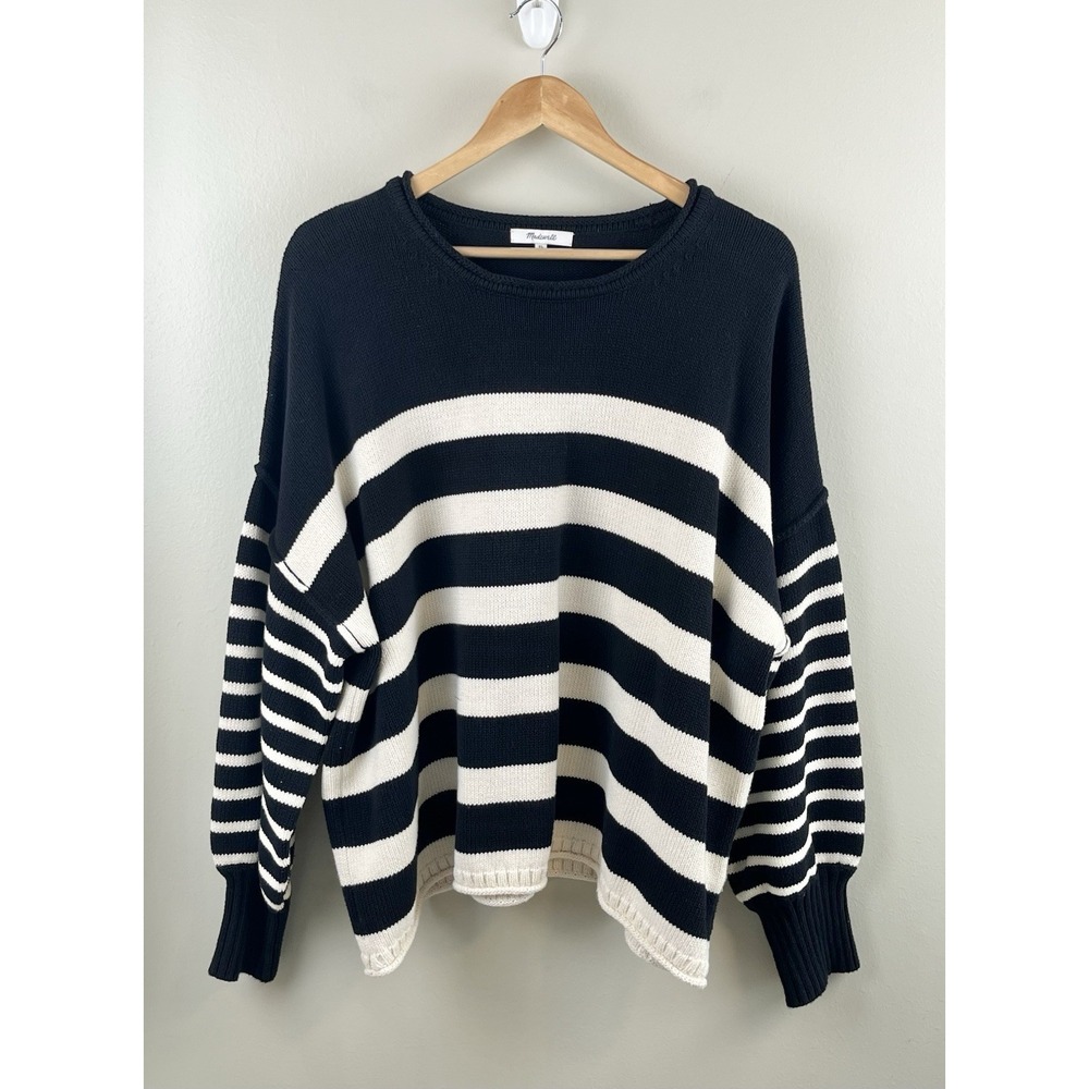 Madewell Striped Balloon-Sleeve Pullover Sweater Cotton Sz XL Preppy‎ Classic